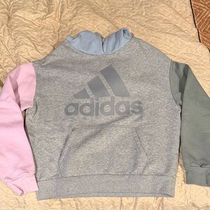 Adidas Kids' Gray Hoodie with Pink and Green Sleeves